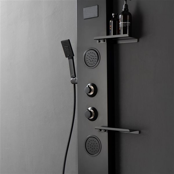 BWE 2-Jet Rainfall Shower Panel System with Shower Head,Shelf,STub Spout and LED Light in Matte Black