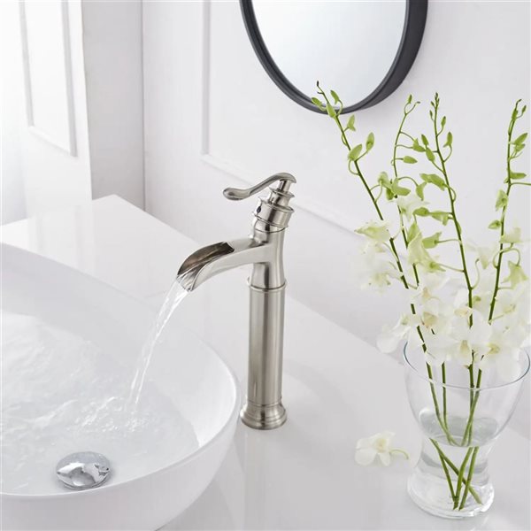 BWE Waterfall Single Hole Single-Handle Vessel Bathroom Faucet with Metal Drain in Brushed Nickel