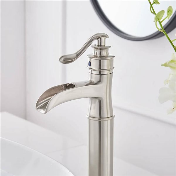 BWE Waterfall Single Hole Single-Handle Vessel Bathroom Faucet with Metal Drain in Brushed Nickel