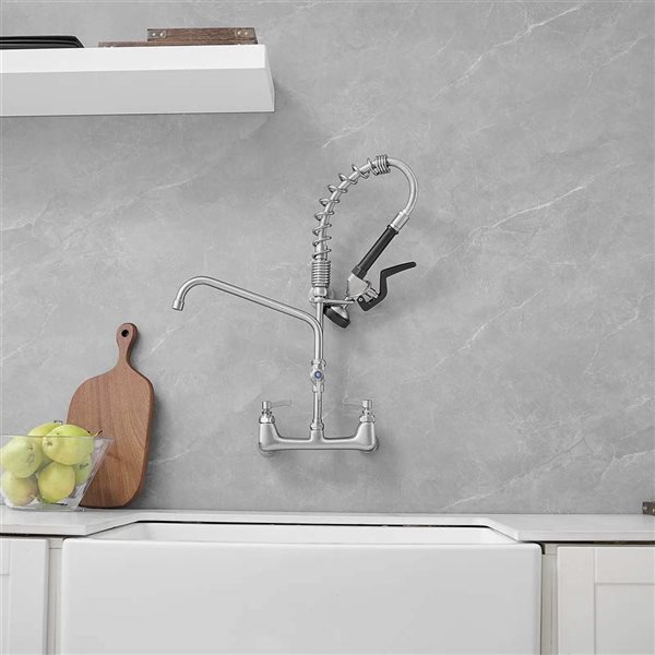 BWE Commercial Restaurant Pull Down 2-Handle Wall Mount Pre-Rinse Spray Utility Kitchen Faucet in Nickel