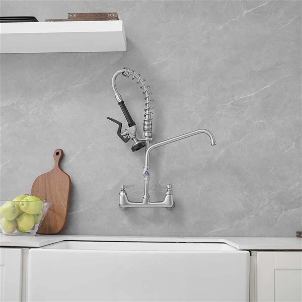 BWE Commercial Restaurant Pull Down 2-Handle Wall Mount Pre-Rinse Spray Utility Kitchen Faucet in Nickel