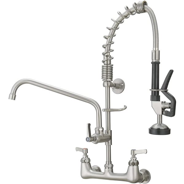 BWE Commercial Restaurant Pull Down 2-Handle Wall Mount Pre-Rinse Spray Utility Kitchen Faucet in Nickel