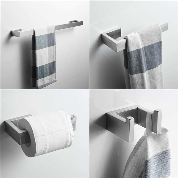 BWE 4-Piece Bath Hardware Set in Brushed Nickel with Toilet Paper Holder Towel Hook and 24 in. Towel Bar