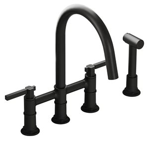 BWE Modern Double Handle 4-Holes Deck Mount Bridge Kitchen Faucet With Side Sprayer 360°Spout in Black