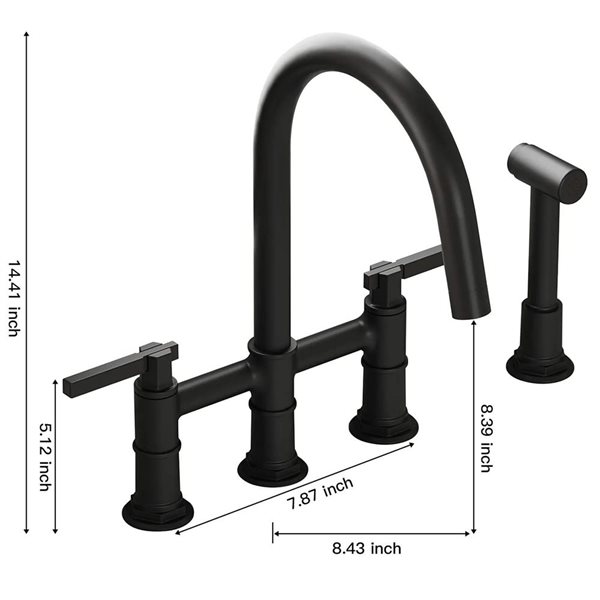 BWE Modern Double Handle 4-Holes Deck Mount Bridge Kitchen Faucet With Side Sprayer 360°Spout in Black