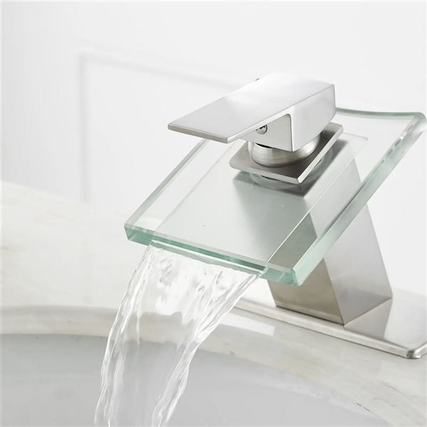 BWE Waterfall Single Hole Single-Handle Low-Arc Bathroom Faucet with Glass Spout in Brushed Nickel