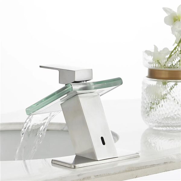 BWE Waterfall Single Hole Single-Handle Low-Arc Bathroom Faucet with Glass Spout in Brushed Nickel