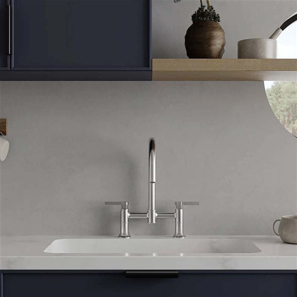 BWE Modern Double Handle 2 Holes Deck Mount Bridge Kitchen Faucet With 360°Spout Sink Faucet In Chrome