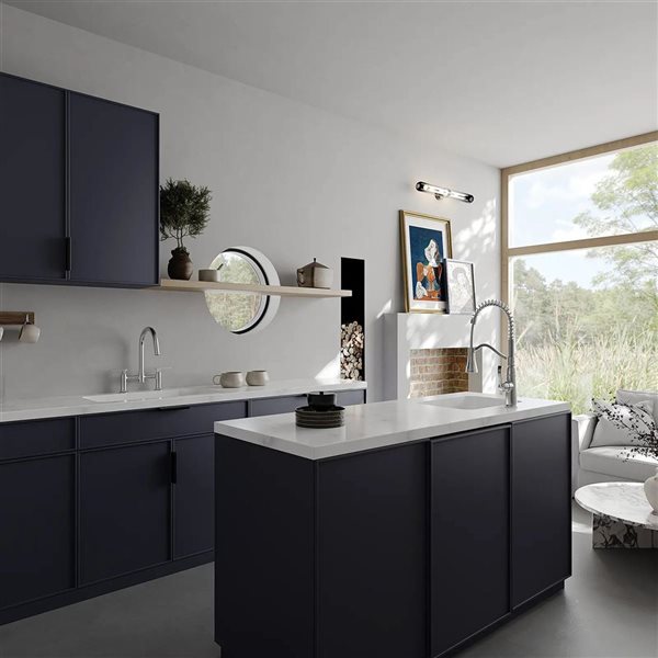 BWE Modern Double Handle 2 Holes Deck Mount Bridge Kitchen Faucet With 360°Spout Sink Faucet In Chrome