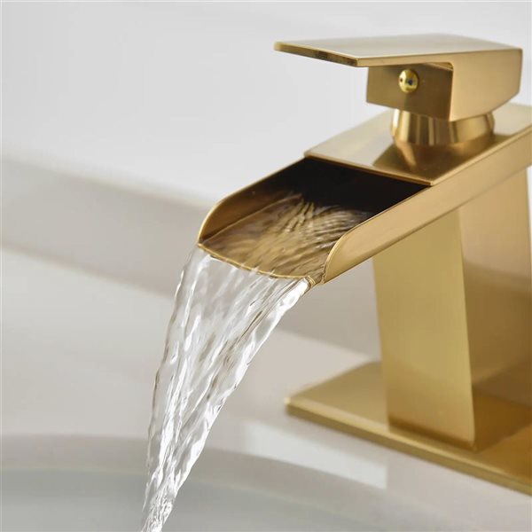 BWE Waterfall Single Hole Single-Handle Low-Arc Bathroom Faucet with Pop-Up Drain Assembly in Gold