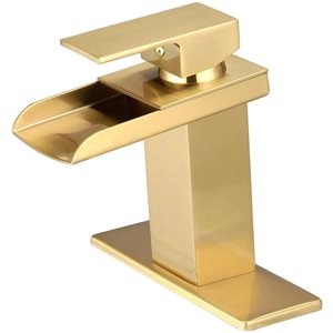 BWE Waterfall Single Hole Single-Handle Low-Arc Bathroom Faucet with Pop-Up Drain Assembly in Gold