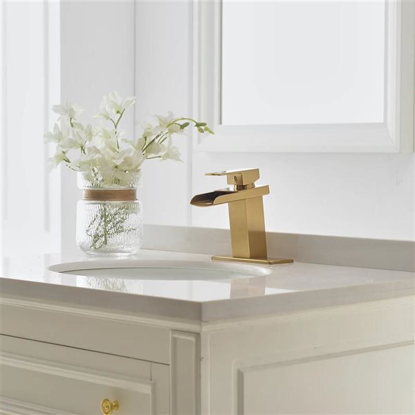 BWE Waterfall Single Hole Single-Handle Low-Arc Bathroom Faucet with Pop-Up Drain Assembly in Gold