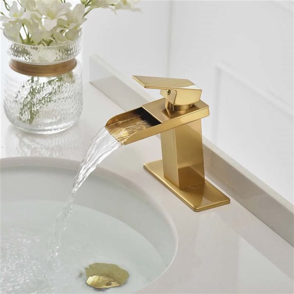 BWE Waterfall Single Hole Single-Handle Low-Arc Bathroom Faucet with Pop-Up Drain Assembly in Gold