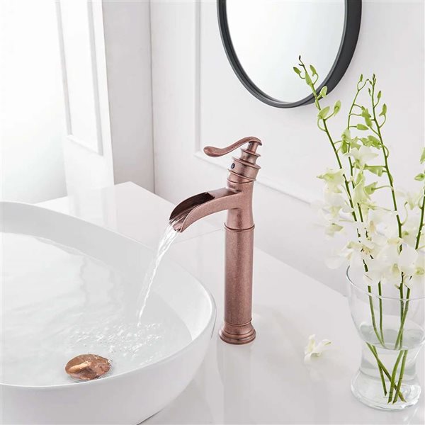 BWE Waterfall Single Hole Single-Handle Vessel Bathroom Faucet With Pop-up Drain Assembly in Copper