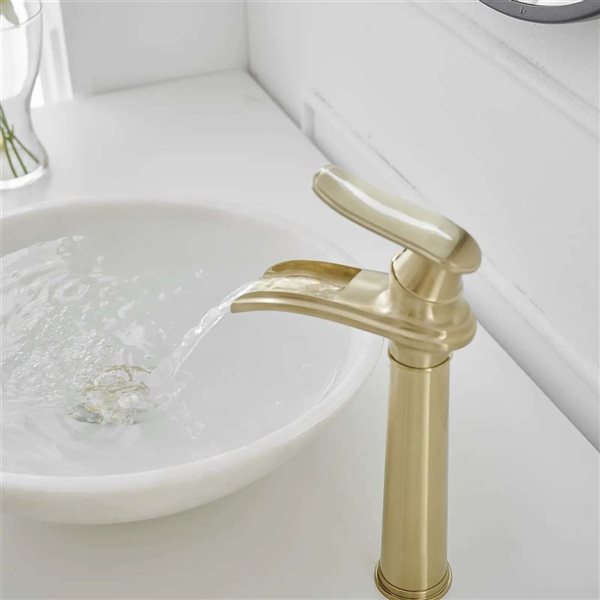 BWE Waterfall Tall Spout Single Hole Single Handle Vessel Sink Faucet in Brushed Gold