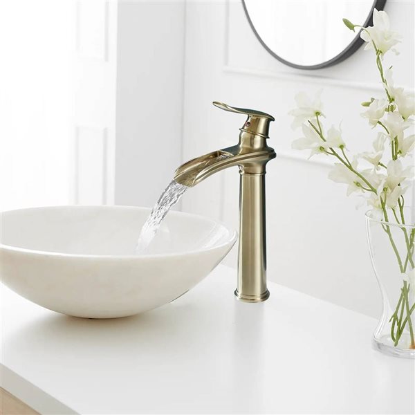 BWE Waterfall Tall Spout Single Hole Single Handle Vessel Sink Faucet in Brushed Gold