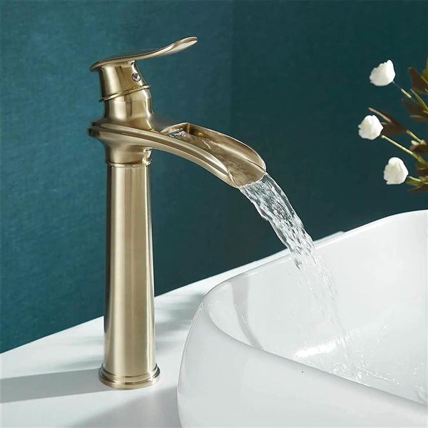 BWE Waterfall Tall Spout Single Hole Single Handle Vessel Sink Faucet in Brushed Gold