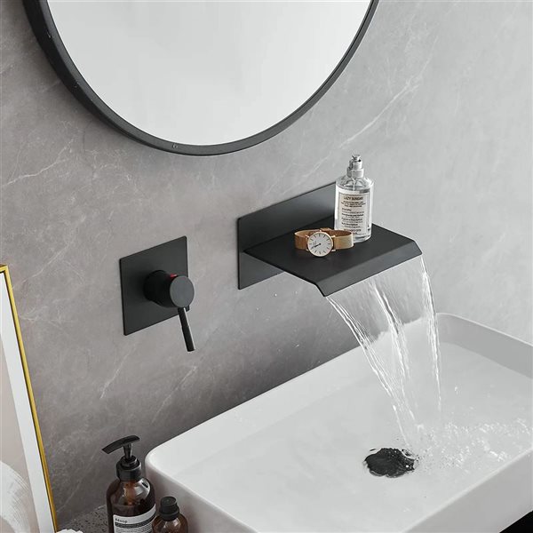 BWE Single Handle Wall Mount Spout Waterfall Bathroom Faucet in Matte Black