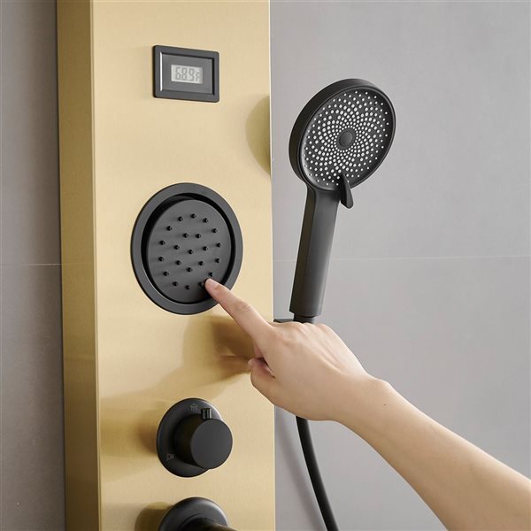 BWE 2-Jet Rainfall Shower Panel System with Rainfall Waterfall Shower Head and Shower Wand in Black Gold