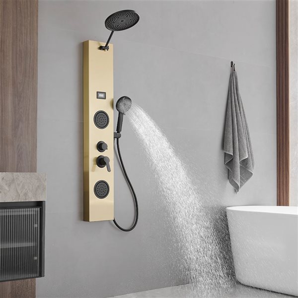 BWE 2-Jet Rainfall Shower Panel System with Rainfall Waterfall Shower Head and Shower Wand in Black Gold