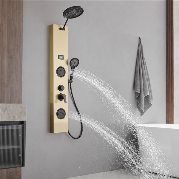 BWE 2-Jet Rainfall Shower Panel System with Rainfall Waterfall Shower Head and Shower Wand in Black Gold