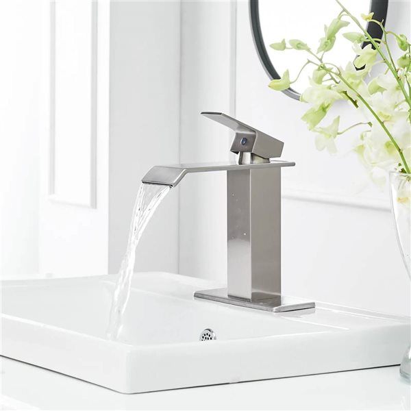 BWE Waterfall Single Hole Single-Handle Bathroom Faucet with Pop-up Drain Assembly in Brushed Nickel