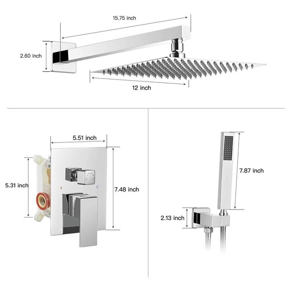 BWE 2-Handle 2-Spray 12 inch Square High Pressure Shower Faucet in Polished Chrome (Valve Included)