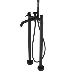 BWE 3-Handle Freestanding Floor Mount Industrial Style Tub Faucet Filler with Hand Shower in Matte Black