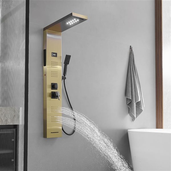 BWE 4-Jet Rainfall Shower Panel System with   Shower Head  Shower Wand With LED light in Black Gold