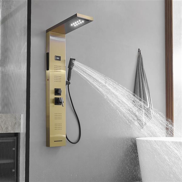 BWE 4-Jet Rainfall Shower Panel System with   Shower Head  Shower Wand With LED light in Black Gold