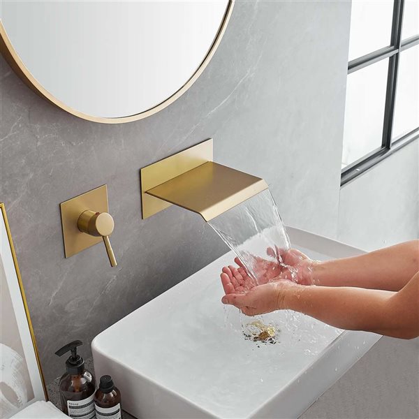 BWE Widespread Waterfall Single Handle Wall Mounted Bathroom Faucet in Brushed Gold