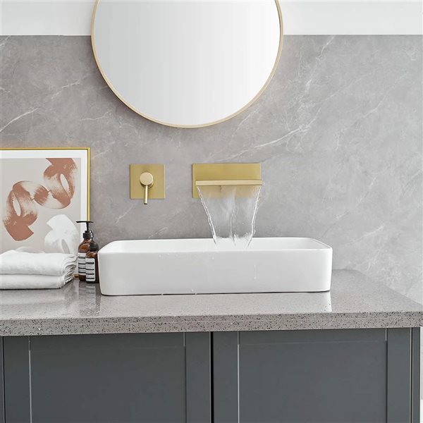 BWE Widespread Waterfall Single Handle Wall Mounted Bathroom Faucet in Brushed Gold