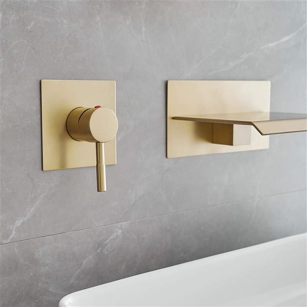 BWE Widespread Waterfall Single Handle Wall Mounted Bathroom Faucet in Brushed Gold