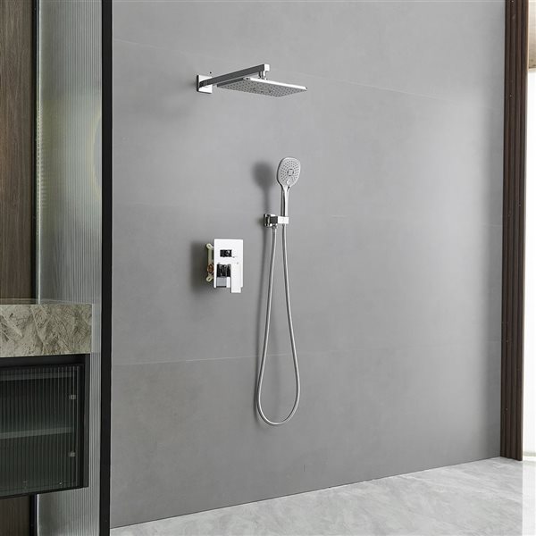 BWE Single Handle 2-Spray 11.53 in. Wall Mount Rectangle Shower Head with Hand Shower Faucet in Chrome