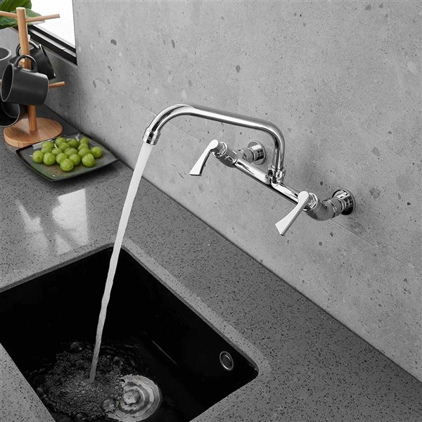 BWE 2-Handle Commercial Sink Faucet with 8" Swivel Spout 8" Center Wall Mount Kitchen Faucet In Chrome