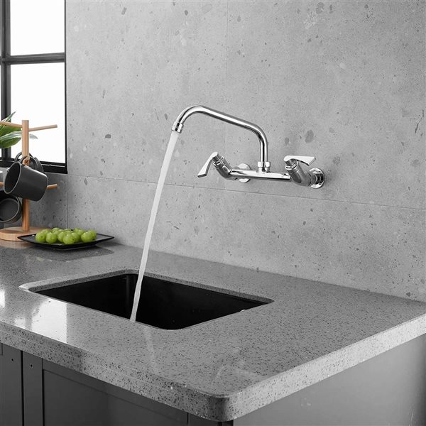 BWE 2-Handle Commercial Sink Faucet with 8" Swivel Spout 8" Center Wall Mount Kitchen Faucet In Chrome