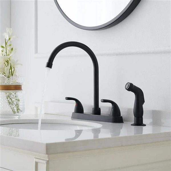 BWE Double Handles 4 Holes Standard Kitchen Faucet Sink With Side Sprayer in Matte Black