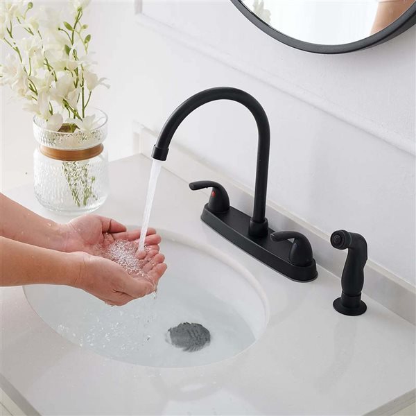 BWE Double Handles 4 Holes Standard Kitchen Faucet Sink With Side Sprayer in Matte Black