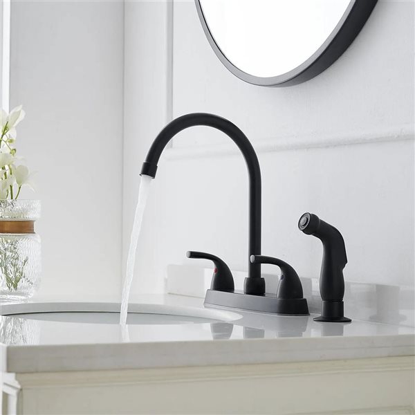 BWE Double Handles 4 Holes Standard Kitchen Faucet Sink With Side Sprayer in Matte Black