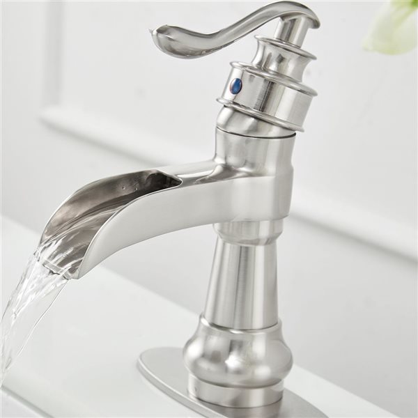 BWE Waterfall Single Hole Single-Handle Low-Arc Bathroom Faucet with Drain Assembly in Brushed Nickel