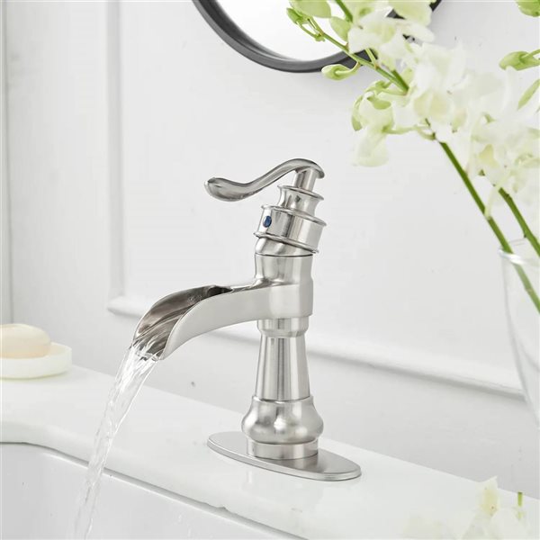 BWE Waterfall Single Hole Single-Handle Low-Arc Bathroom Faucet with Drain Assembly in Brushed Nickel