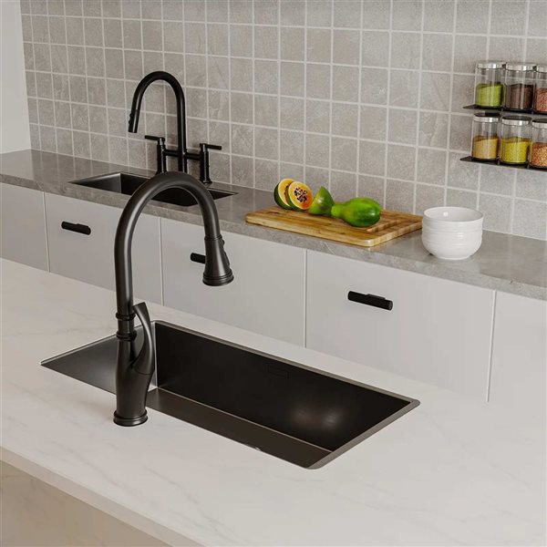 BWE Modern Double Handle 3-Holes Deck Mount Bridge Kitchen Faucet With 2-Sprayer and 360°Spout in Black