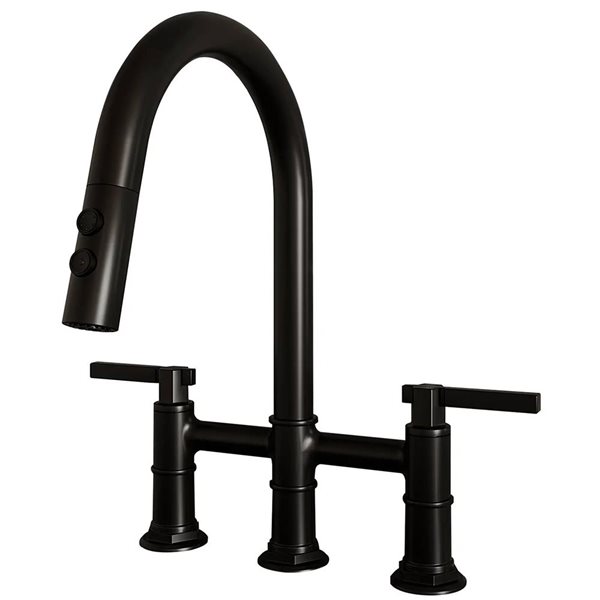 BWE Modern Double Handle 3-Holes Deck Mount Bridge Kitchen Faucet With 2-Sprayer and 360°Spout in Black