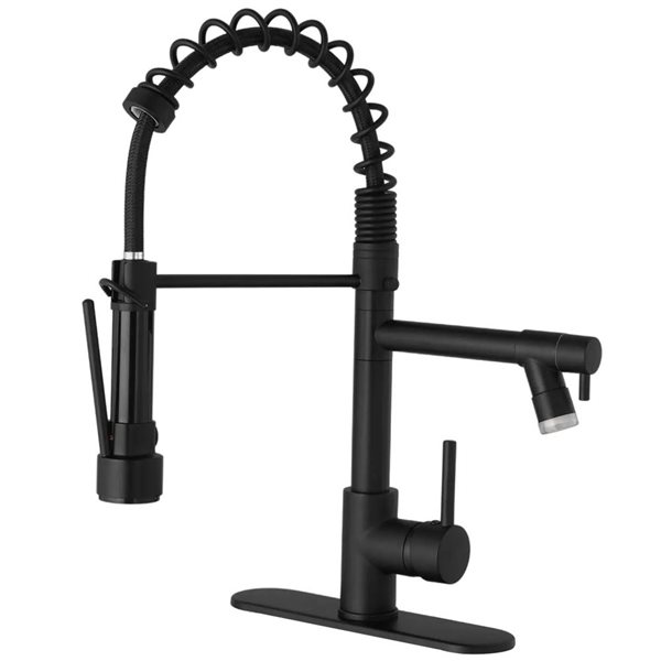 BWE Single Handle Deck Mount Pull Down Sprayer Kitchen Faucet with LED Light and Deck Plate in Black