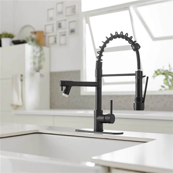 BWE Single Handle Deck Mount Pull Down Sprayer Kitchen Faucet with LED Light and Deck Plate in Black