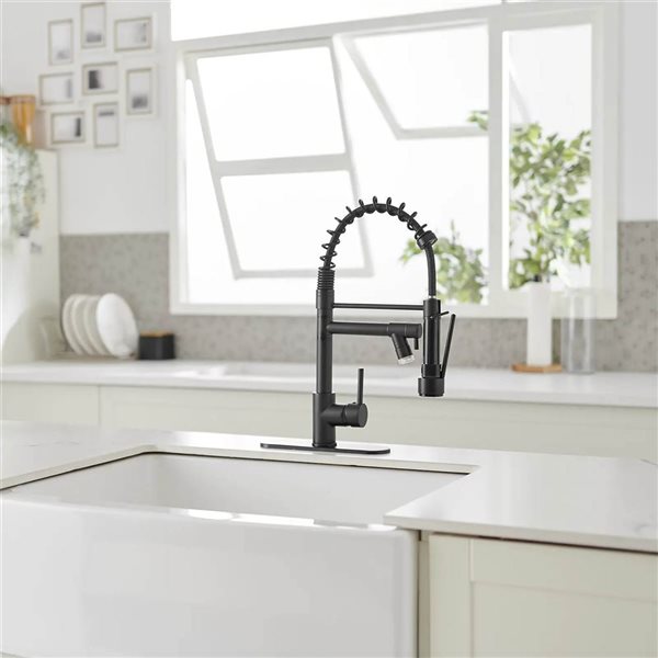 BWE Single Handle Deck Mount Pull Down Sprayer Kitchen Faucet with LED Light and Deck Plate in Black