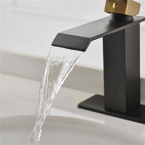 BWE Waterfall Single Hole Single-Handle Low-Arc Bathroom Faucet with Drain Assembly in Black & Gold