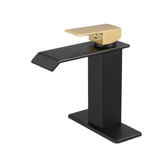 BWE Waterfall Single Hole Single-Handle Low-Arc Bathroom Faucet with Drain Assembly in Black & Gold