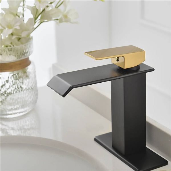 BWE Waterfall Single Hole Single-Handle Low-Arc Bathroom Faucet with Drain Assembly in Black & Gold