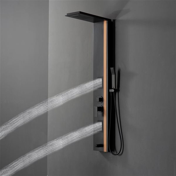 BWE 2-Jet Shower Panel System with Rainfall Waterfall Shower Head and Shower Wand in Black Bamboo